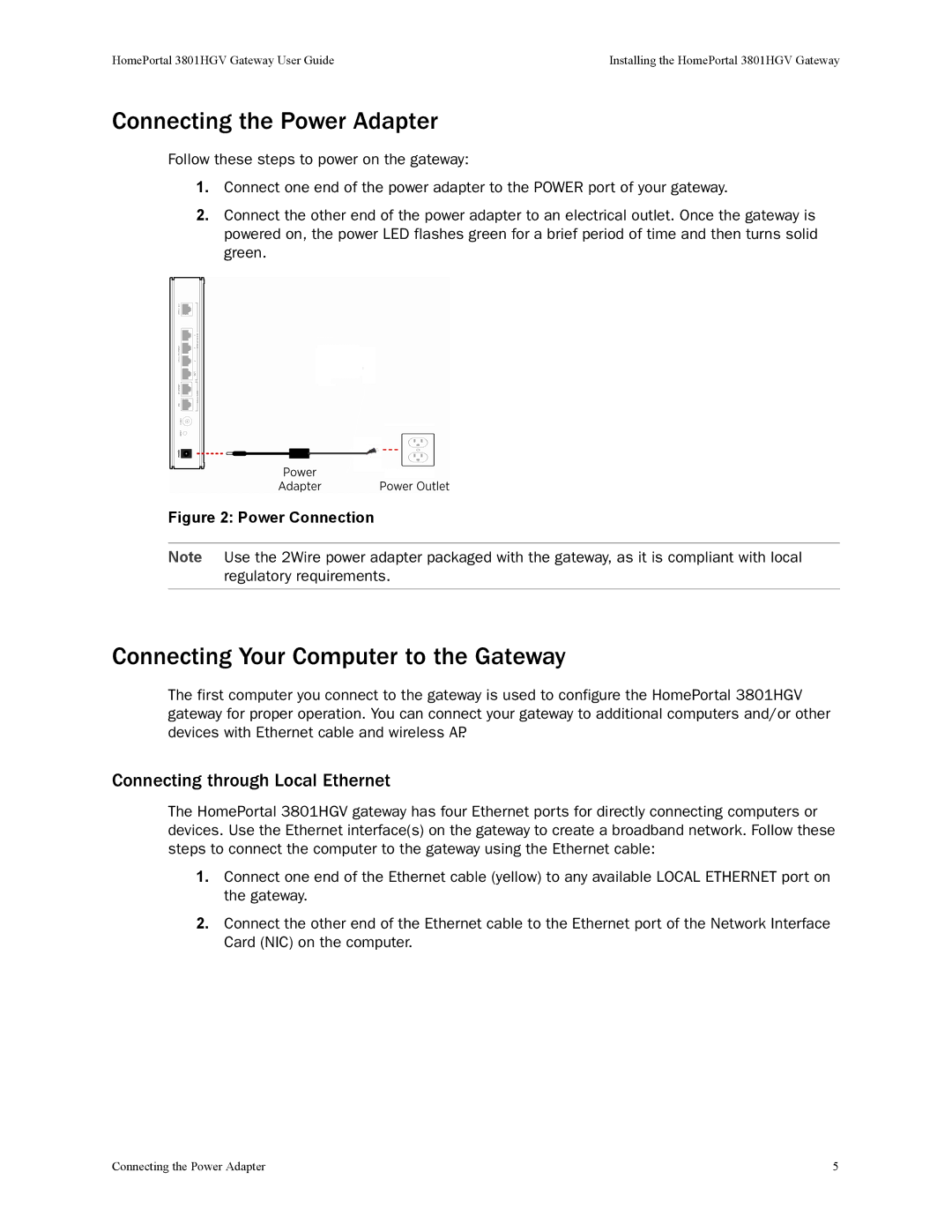 2Wire 3801HGV Connecting the Power Adapter, Connecting Your Computer to the Gateway, Connecting through Local Ethernet 