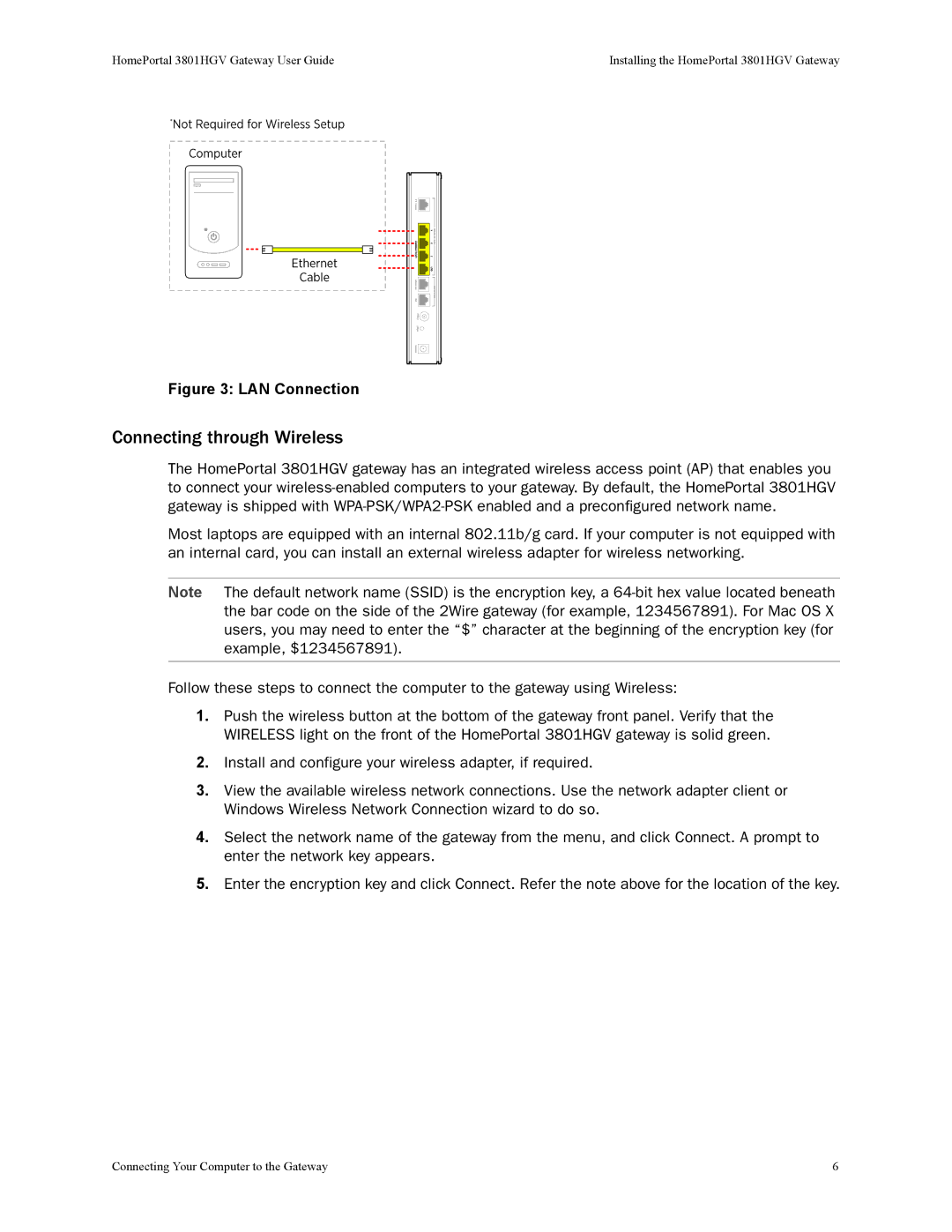 2Wire 3801HGV manual Connecting through Wireless, LAN Connection 