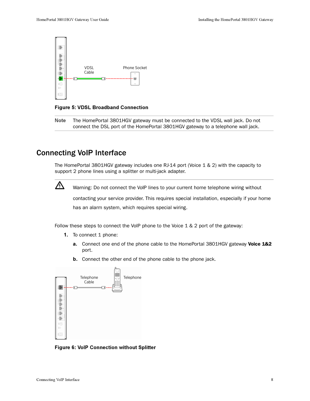 2Wire 3801HGV manual Connecting VoIP Interface, Vdsl Broadband Connection 