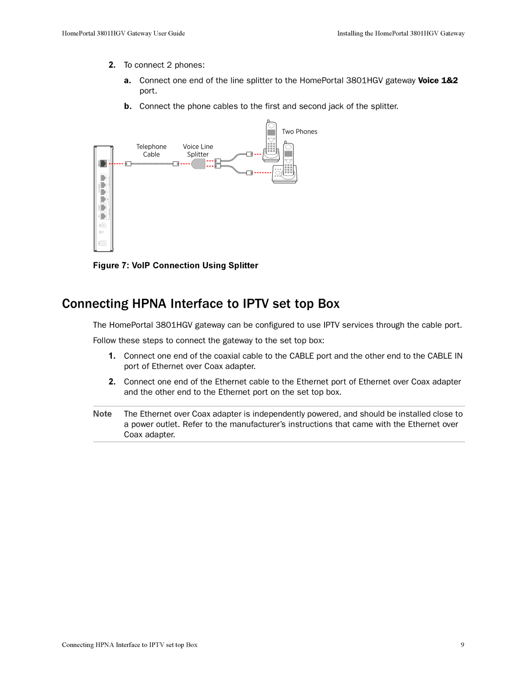 2Wire 3801HGV manual Connecting Hpna Interface to Iptv set top Box, VoIP Connection Using Splitter 