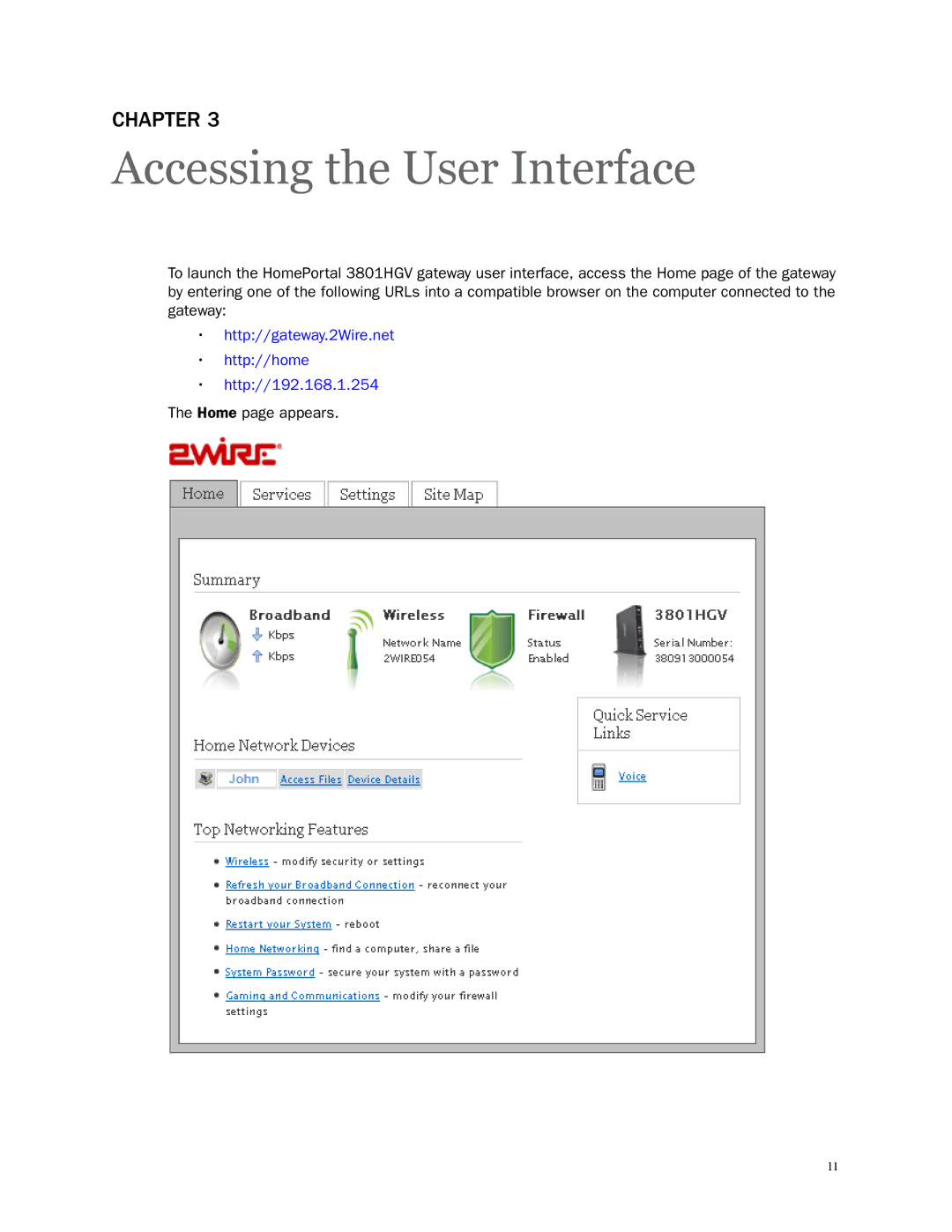 2Wire 3801HGV manual Accessing the User Interface 