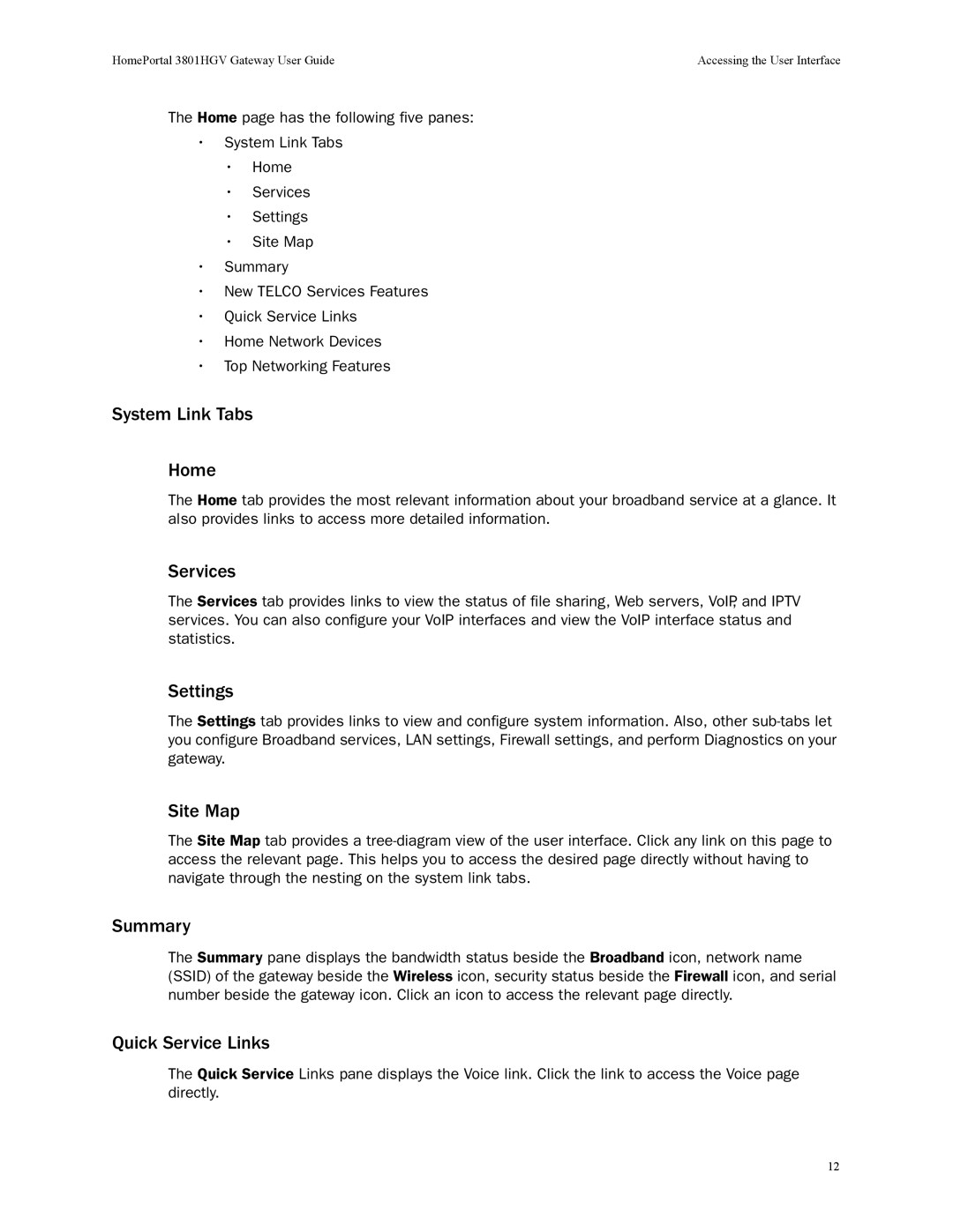 2Wire 3801HGV manual System Link Tabs Home, Services, Settings, Site Map, Summary, Quick Service Links 