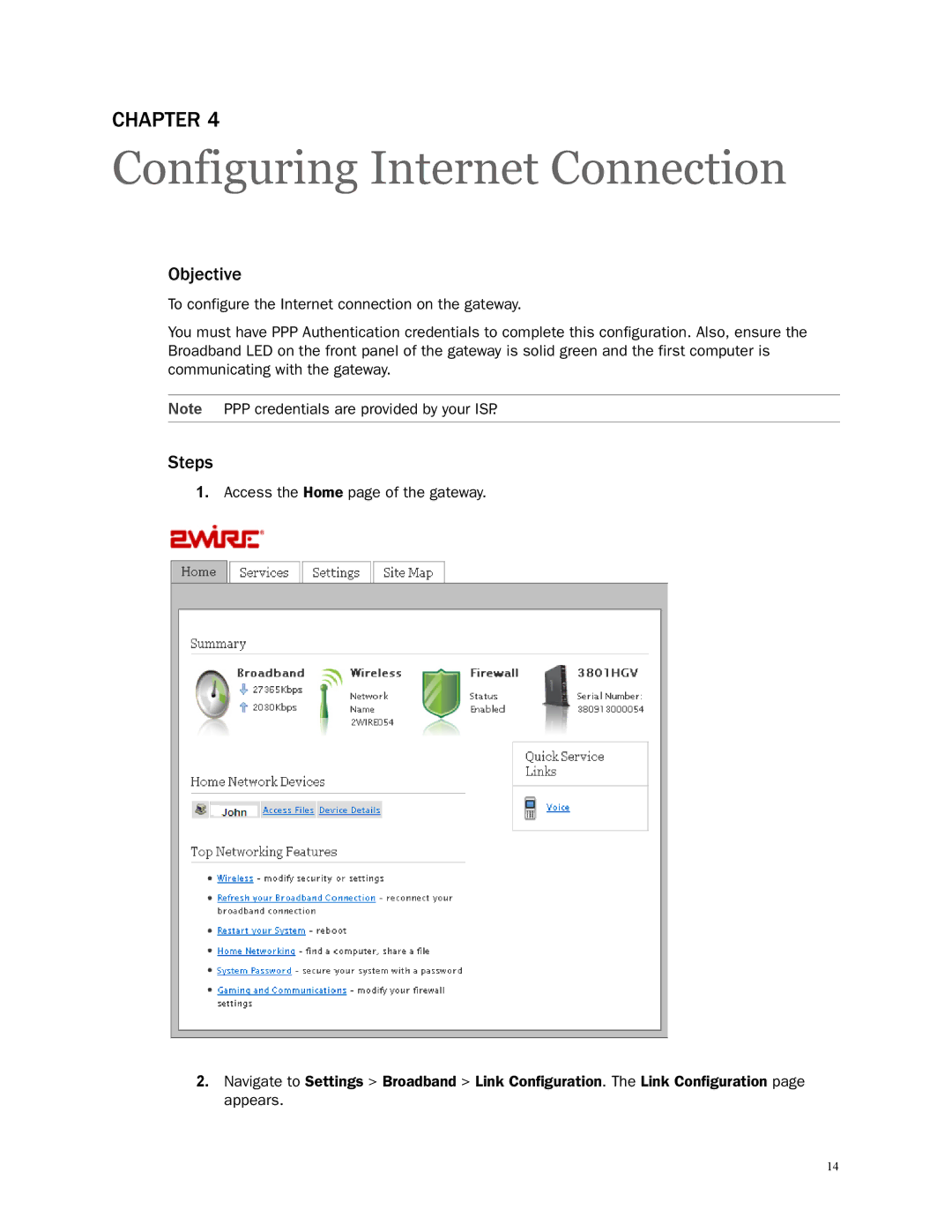 2Wire 3801HGV manual Configuring Internet Connection, Objective, Steps 