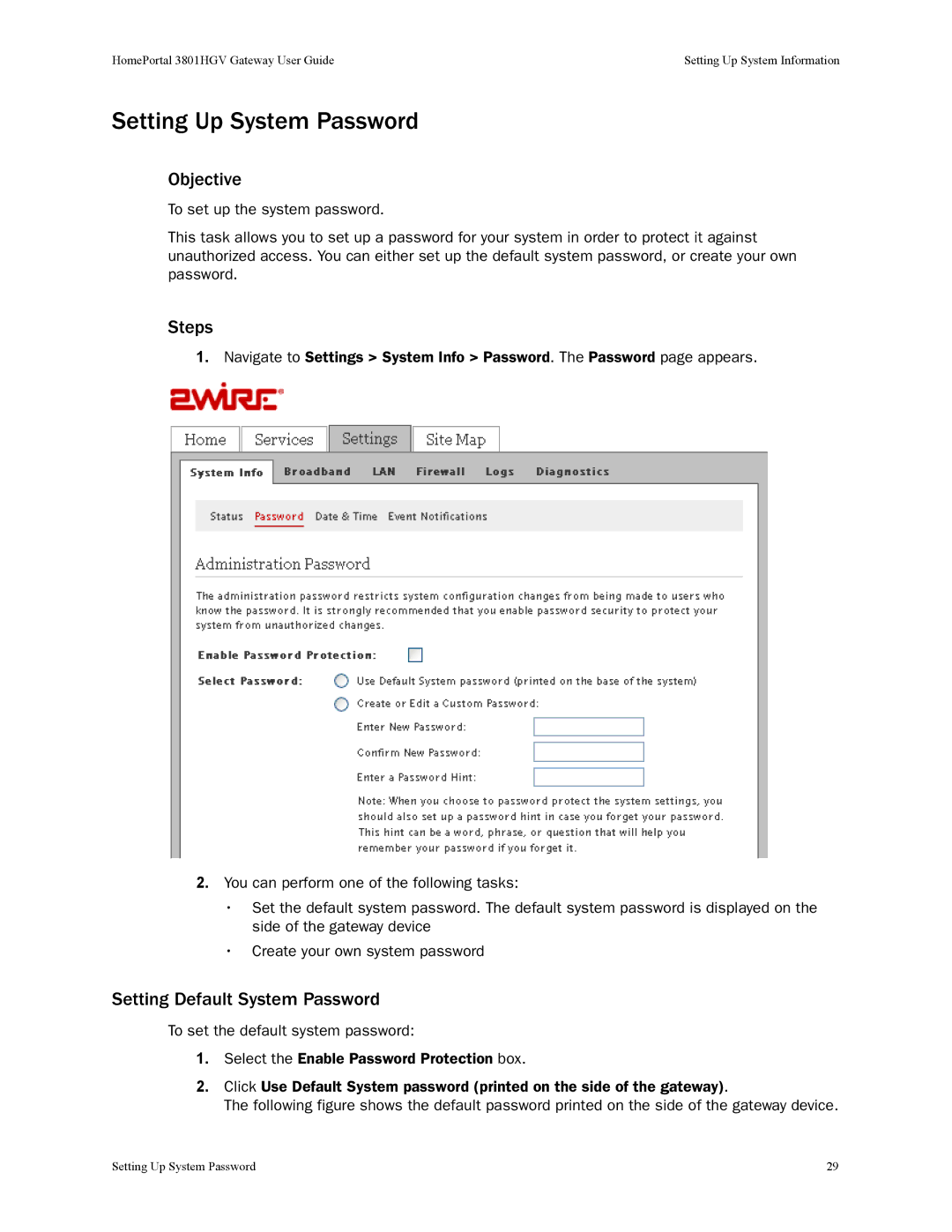 2Wire 3801HGV manual Setting Up System Password, Setting Default System Password 