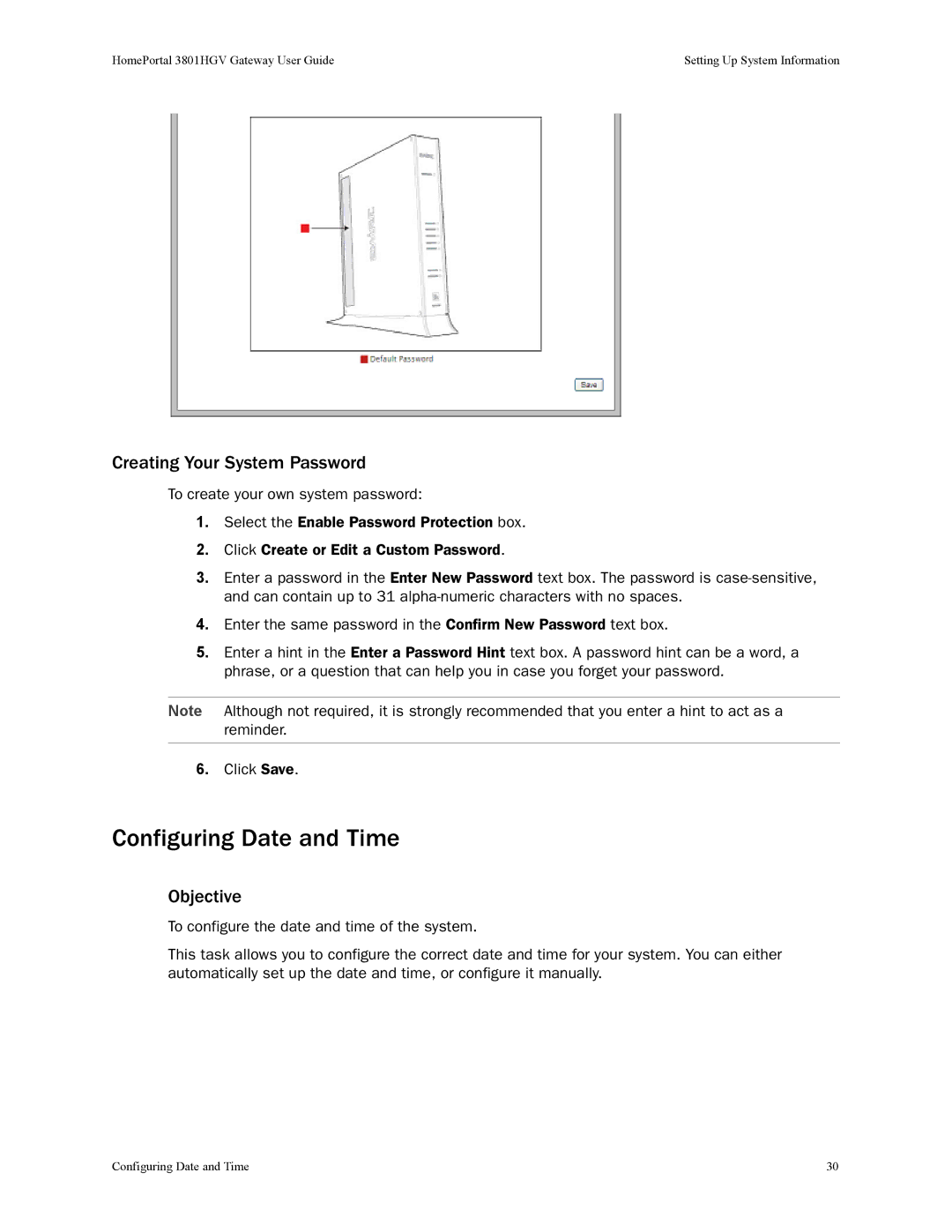 2Wire 3801HGV manual Configuring Date and Time, Creating Your System Password 