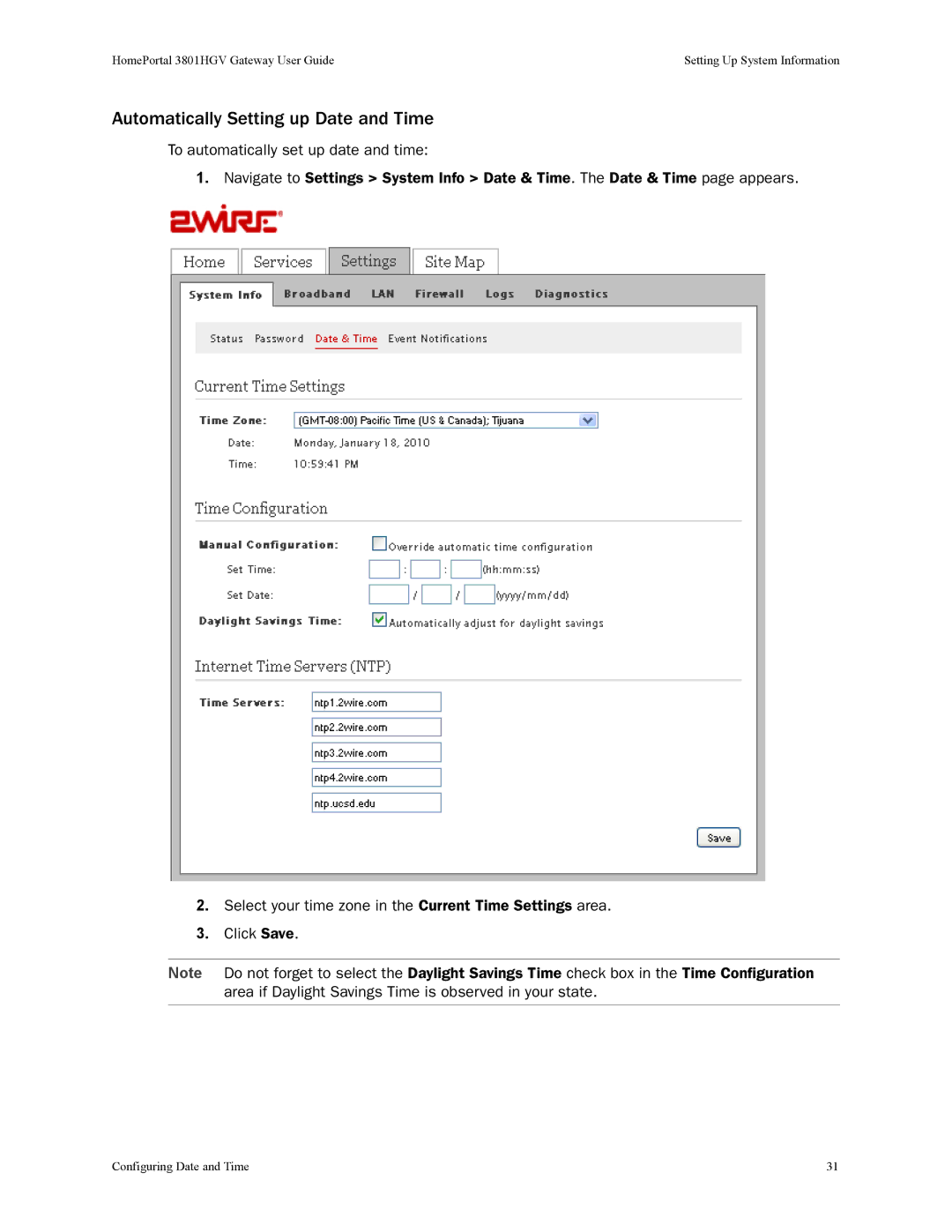 2Wire 3801HGV manual Automatically Setting up Date and Time 