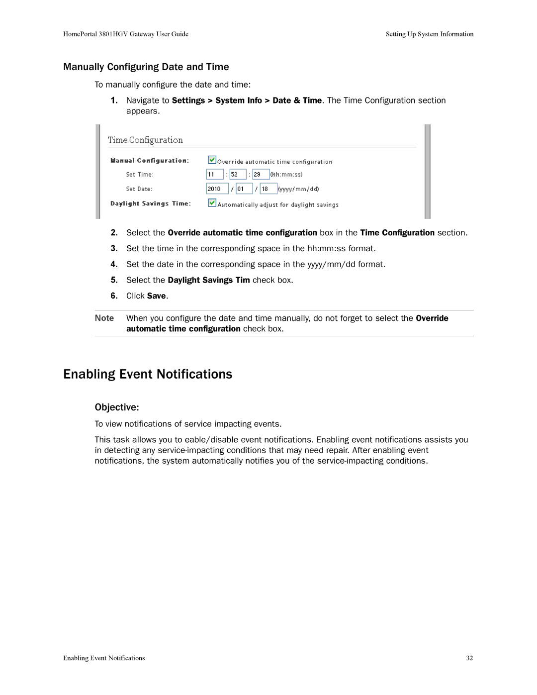 2Wire 3801HGV manual Enabling Event Notifications, Manually Configuring Date and Time 