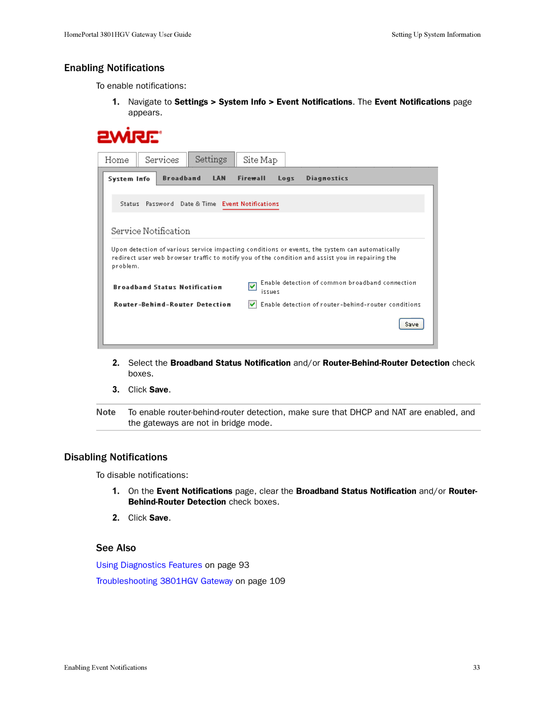 2Wire 3801HGV manual Enabling Notifications, Disabling Notifications 