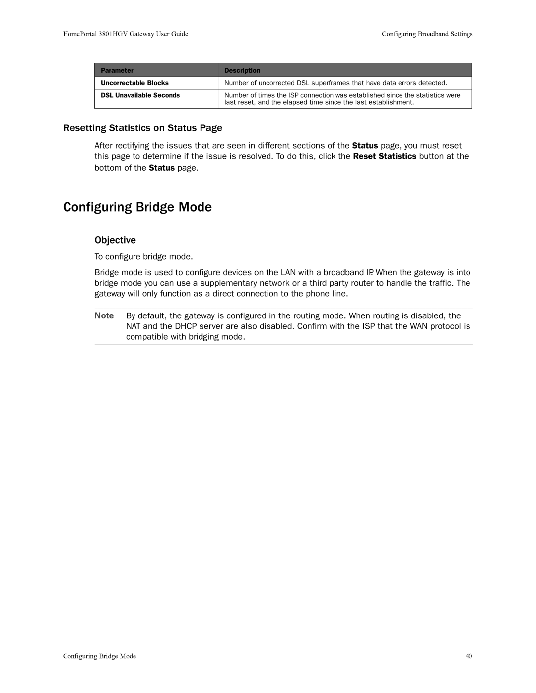 2Wire 3801HGV manual Configuring Bridge Mode, Resetting Statistics on Status 