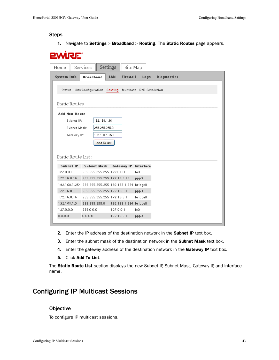 2Wire 3801HGV manual Configuring IP Multicast Sessions, To configure IP multicast sessions 