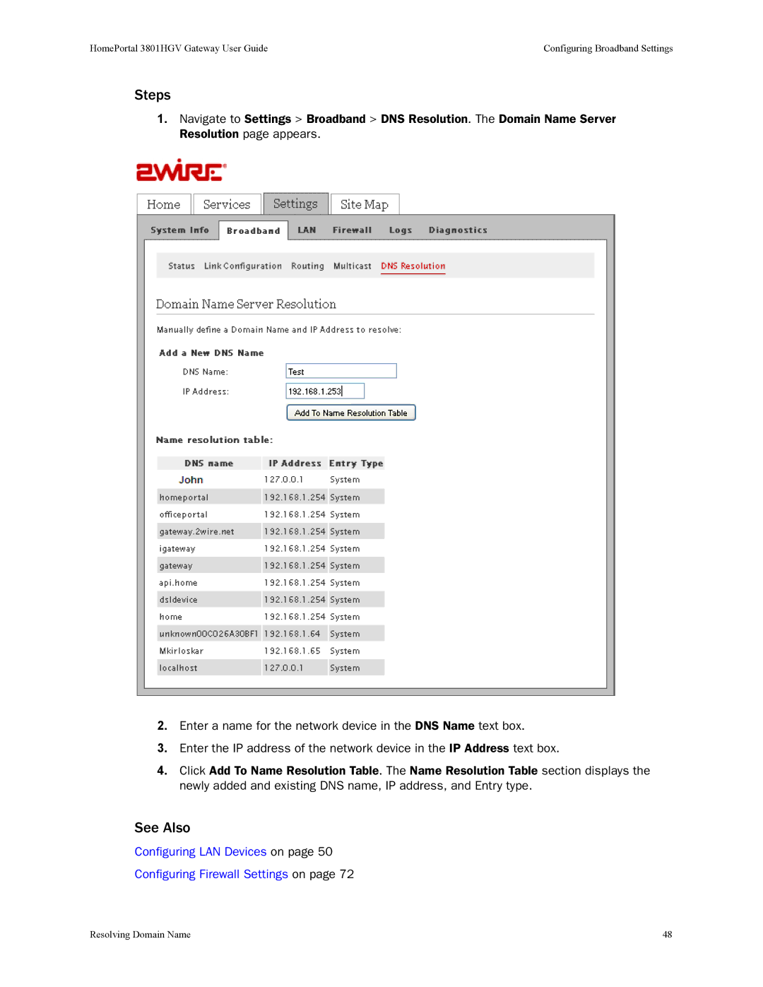 2Wire 3801HGV manual Configuring LAN Devices on Configuring Firewall Settings on 