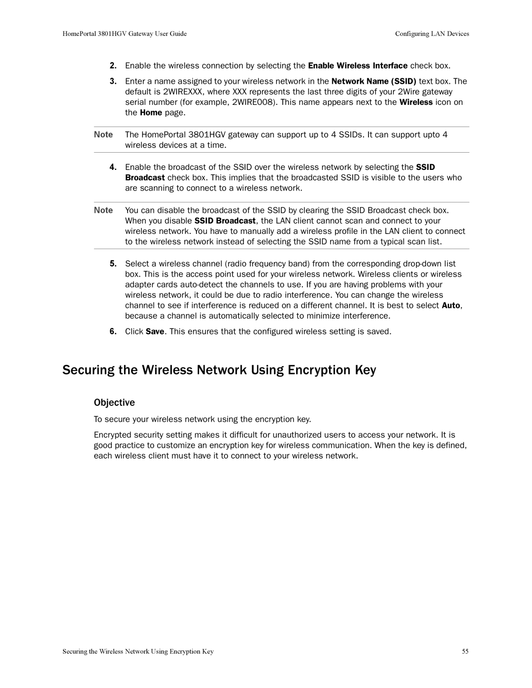 2Wire 3801HGV manual Securing the Wireless Network Using Encryption Key 