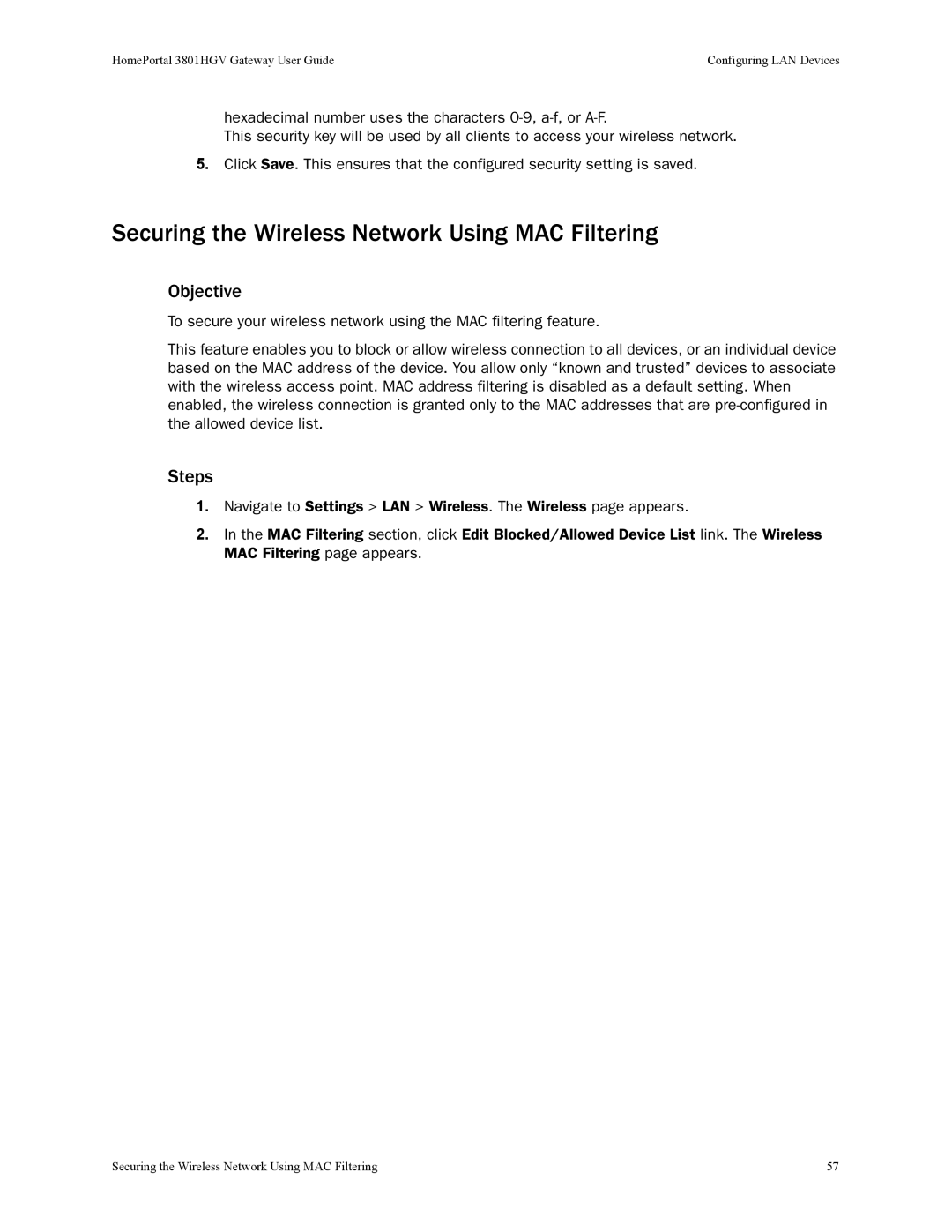 2Wire 3801HGV manual Securing the Wireless Network Using MAC Filtering 