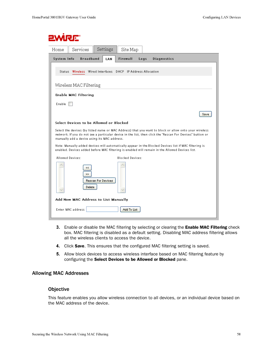 2Wire 3801HGV manual Allowing MAC Addresses Objective 