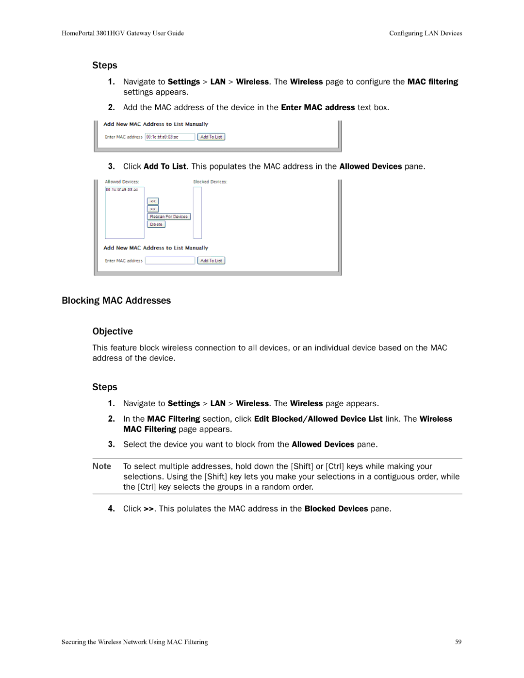 2Wire 3801HGV manual Blocking MAC Addresses Objective 