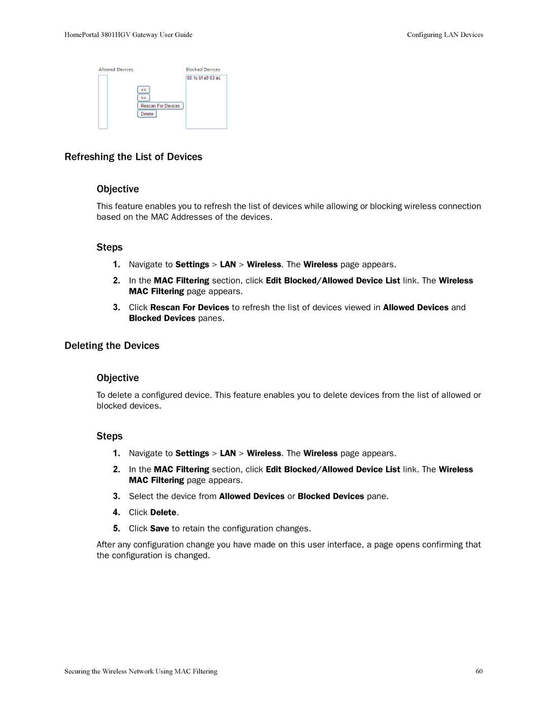 2Wire 3801HGV manual Refreshing the List of Devices Objective, Deleting the Devices Objective 