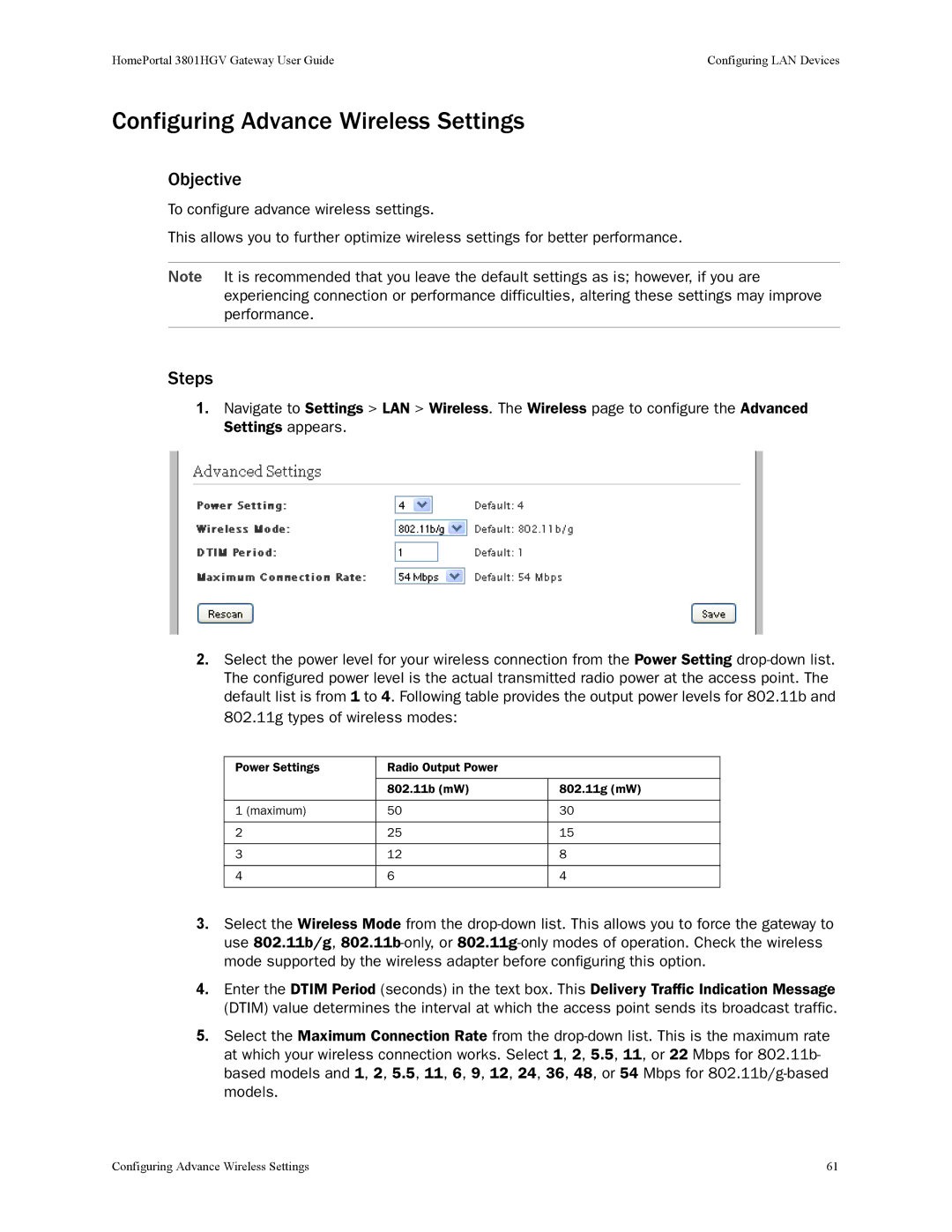 2Wire 3801HGV manual Configuring Advance Wireless Settings 