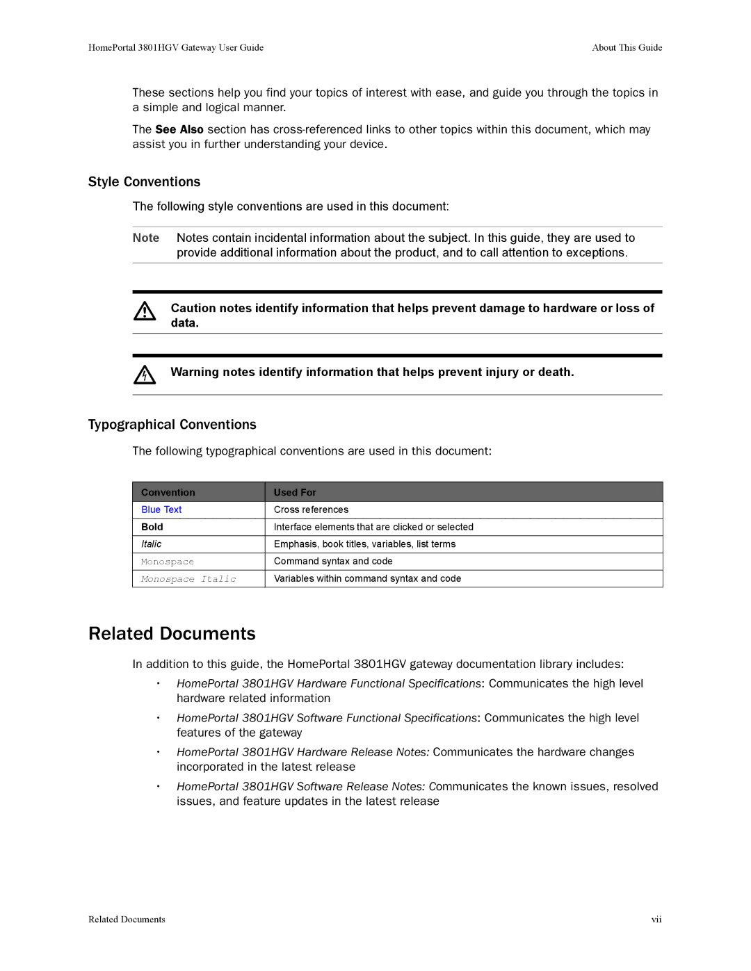 2Wire 3801HGV manual Related Documents, Style Conventions, Typographical Conventions 