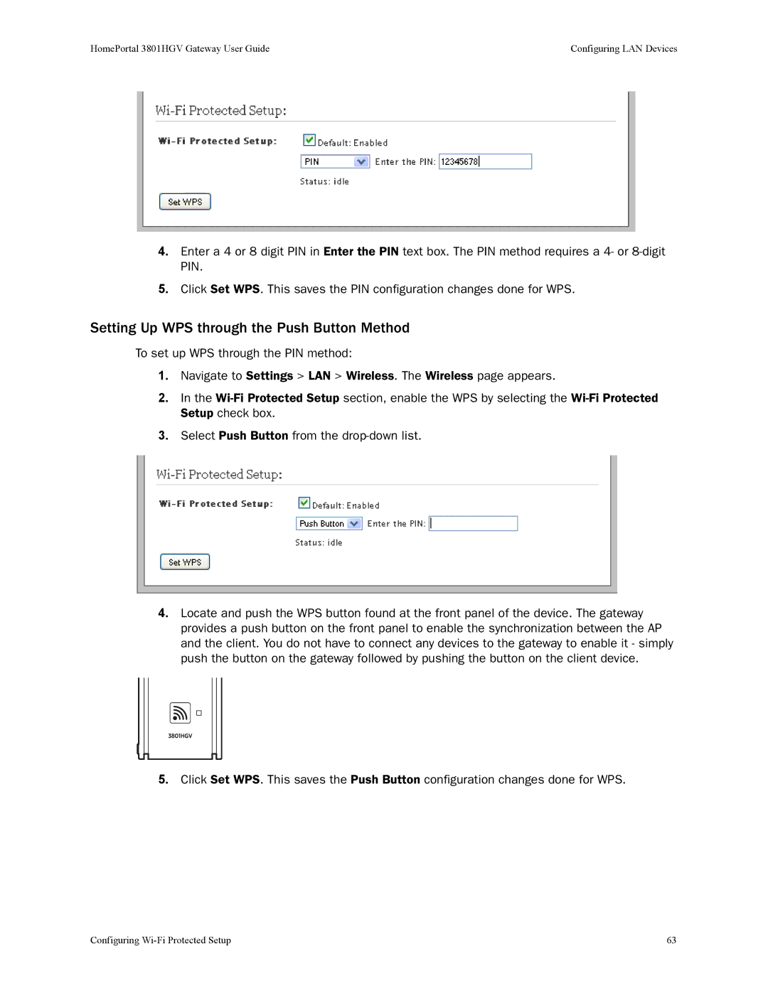 2Wire 3801HGV manual Setting Up WPS through the Push Button Method 