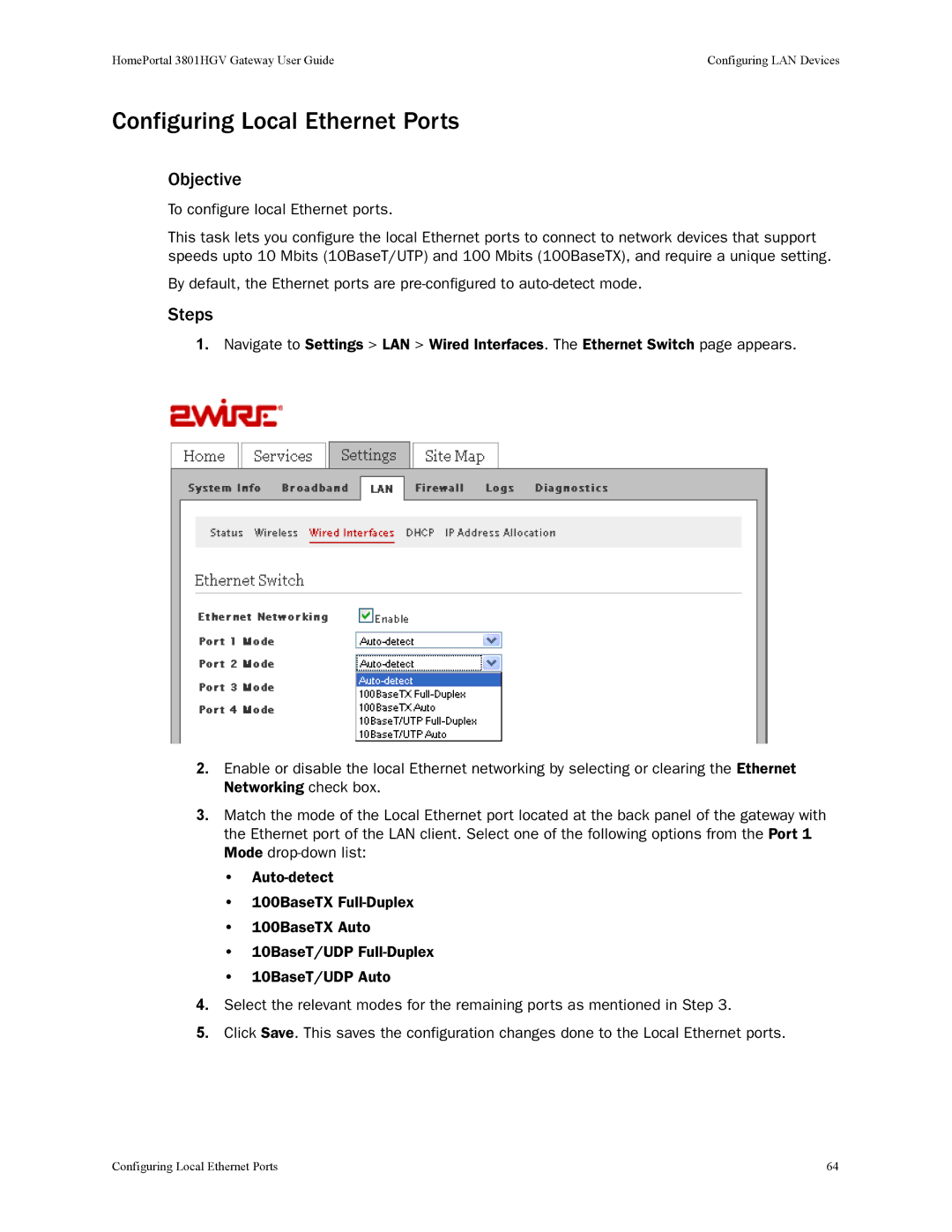 2Wire 3801HGV manual Configuring Local Ethernet Ports 