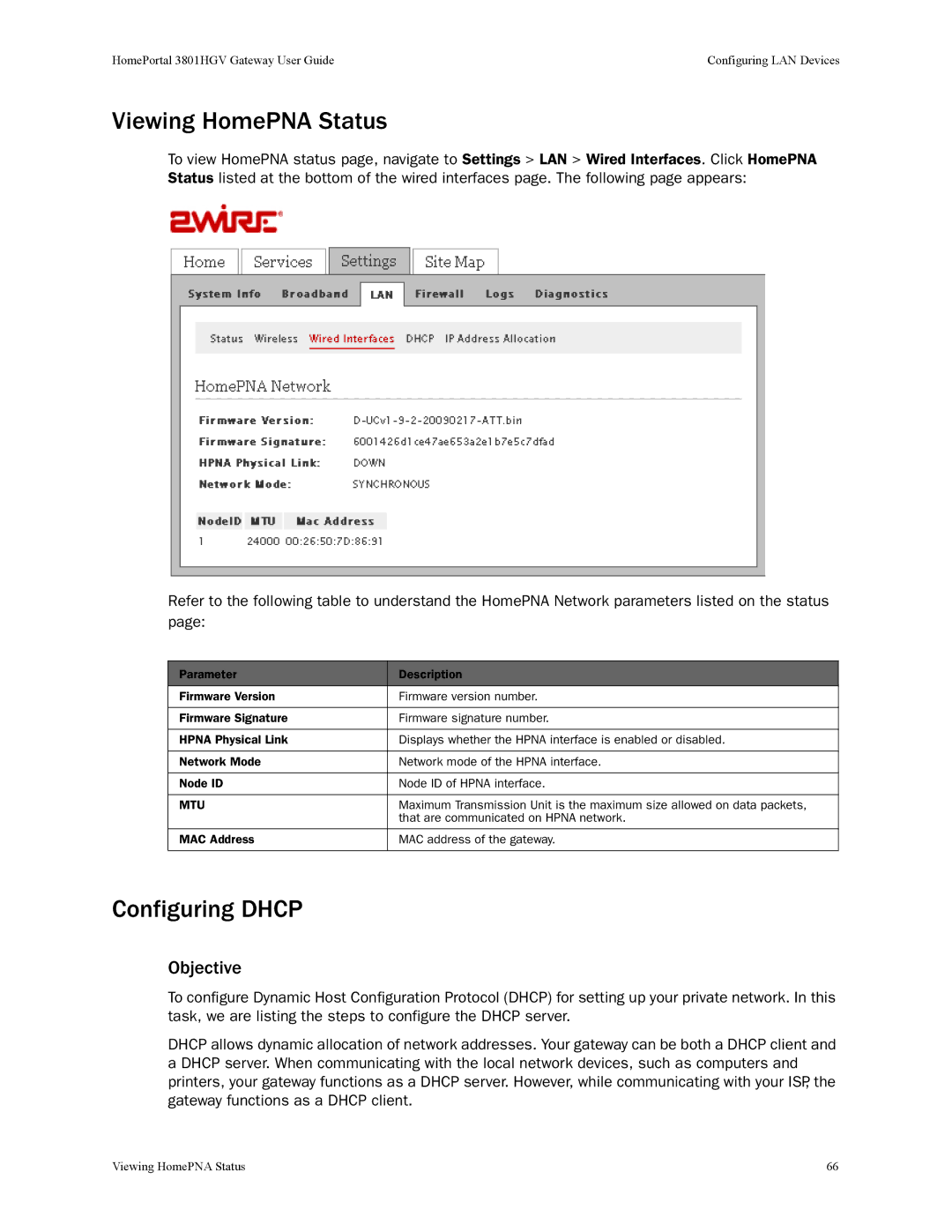 2Wire 3801HGV manual Viewing HomePNA Status, Configuring Dhcp 