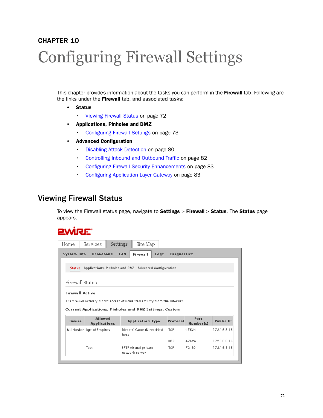 2Wire 3801HGV manual Configuring Firewall Settings, Viewing Firewall Status 