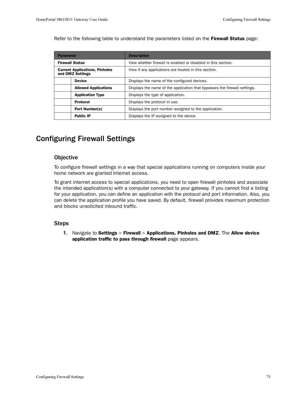 2Wire 3801HGV manual Configuring Firewall Settings, Objective 