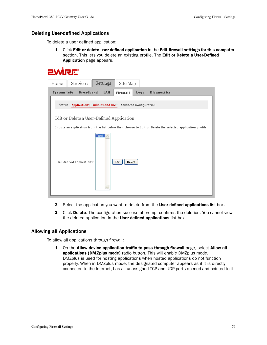 2Wire 3801HGV manual Deleting User-defined Applications, Allowing all Applications 