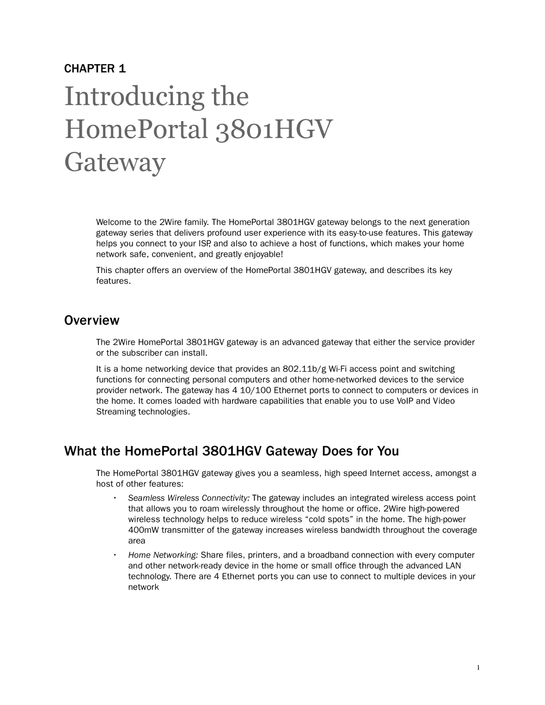 2Wire manual Introducing HomePortal 3801HGV Gateway, Overview, What the HomePortal 3801HGV Gateway Does for You 