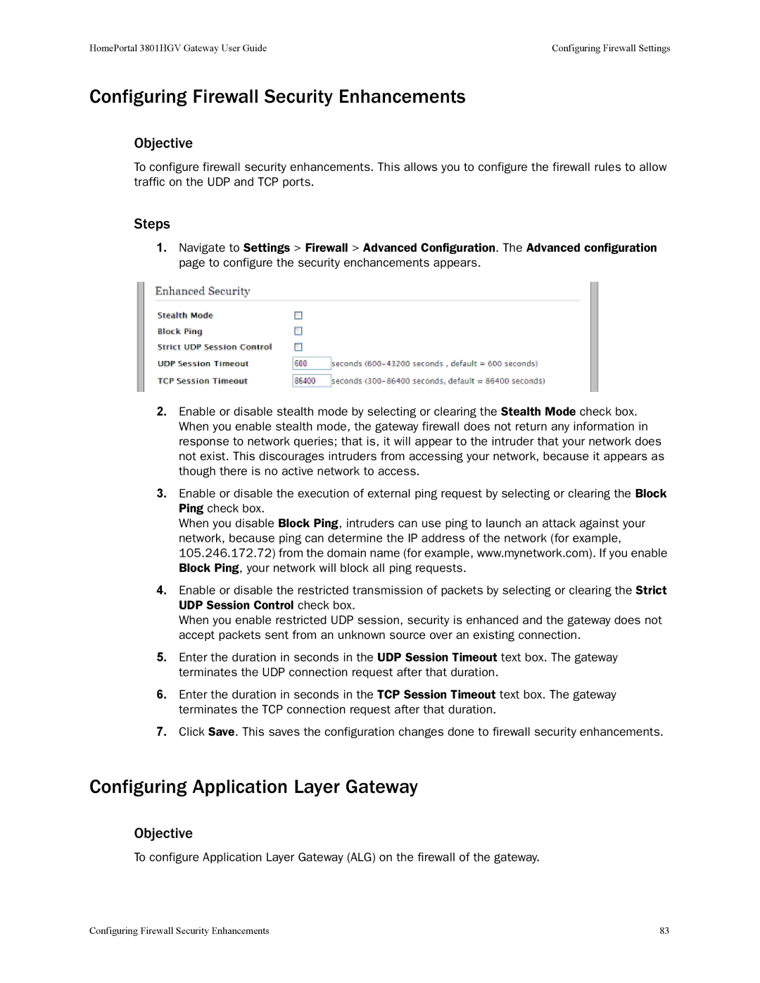 2Wire 3801HGV manual Configuring Firewall Security Enhancements, Configuring Application Layer Gateway 