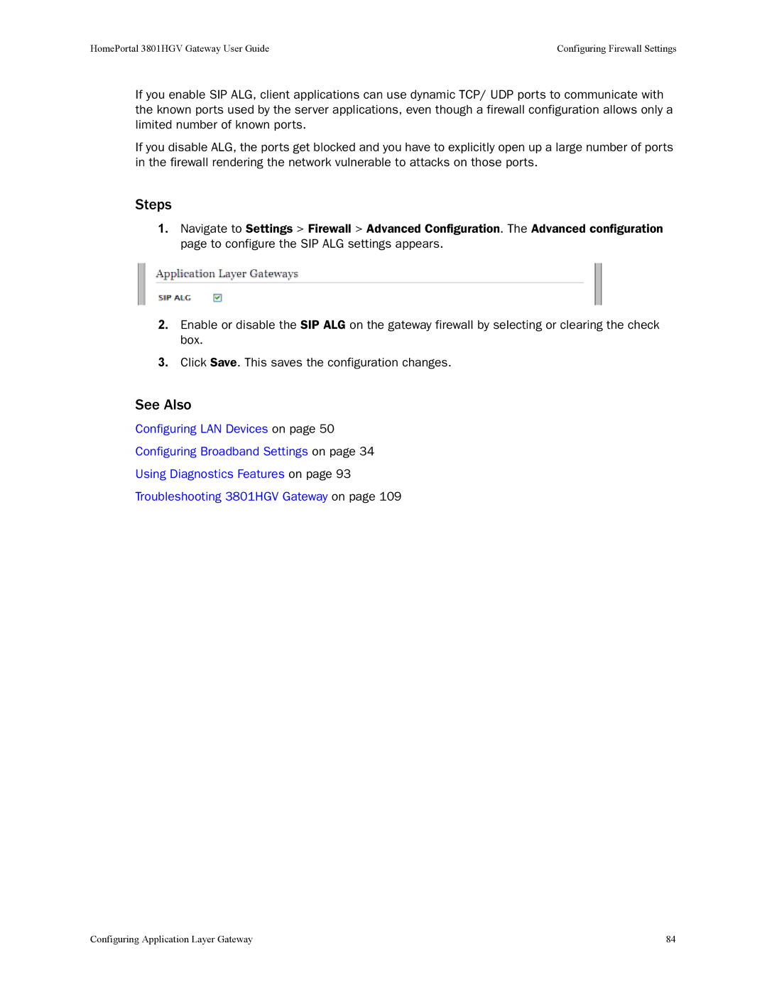 2Wire 3801HGV manual Configuring Application Layer Gateway 