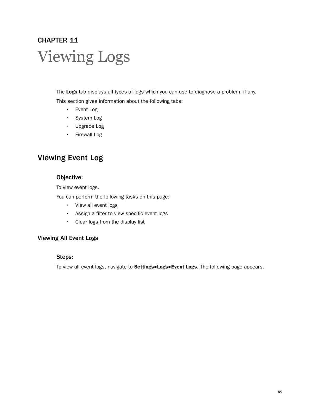 2Wire 3801HGV manual Viewing Logs, Viewing Event Log, Viewing All Event Logs Steps 