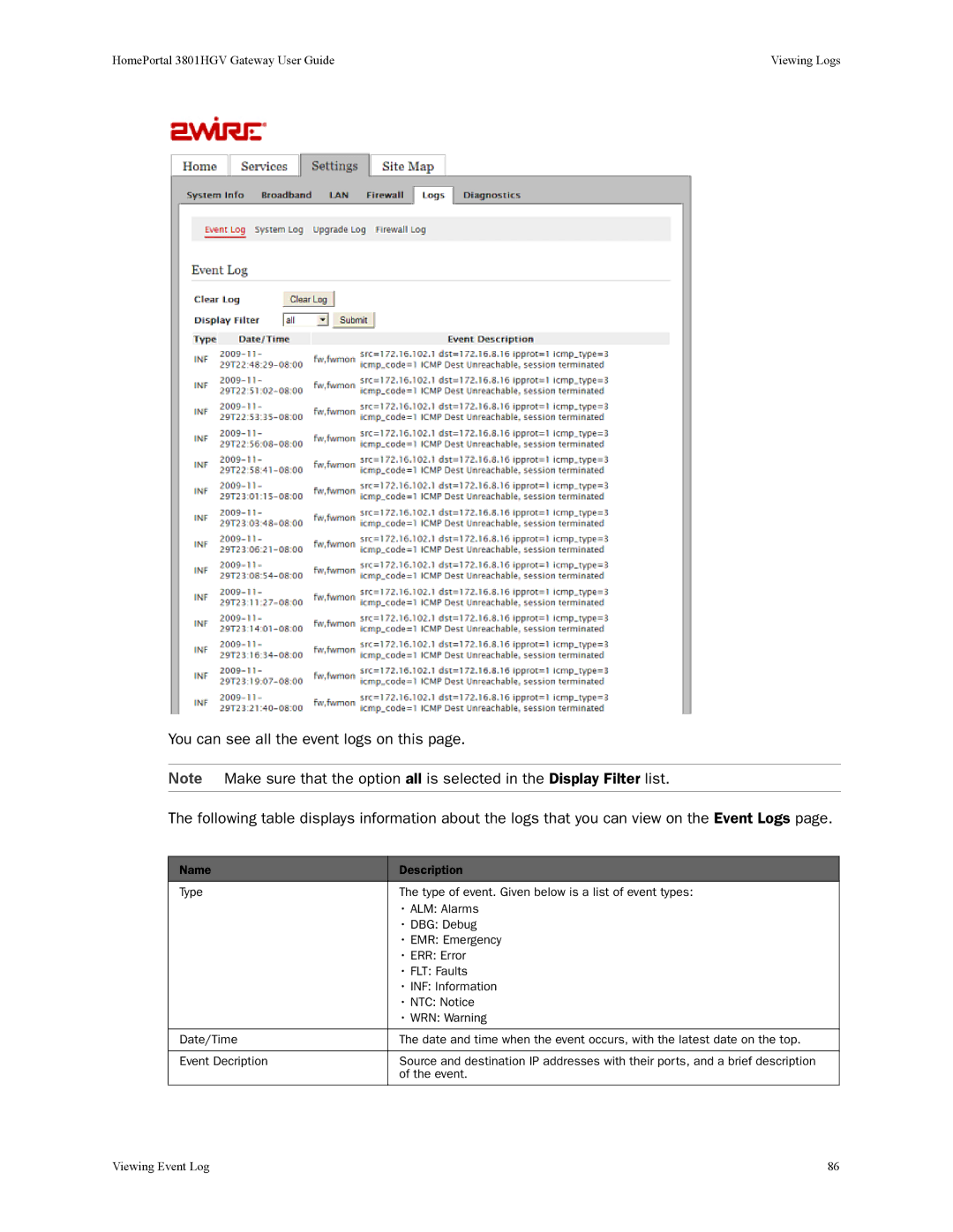 2Wire 3801HGV manual Viewing Event Log 