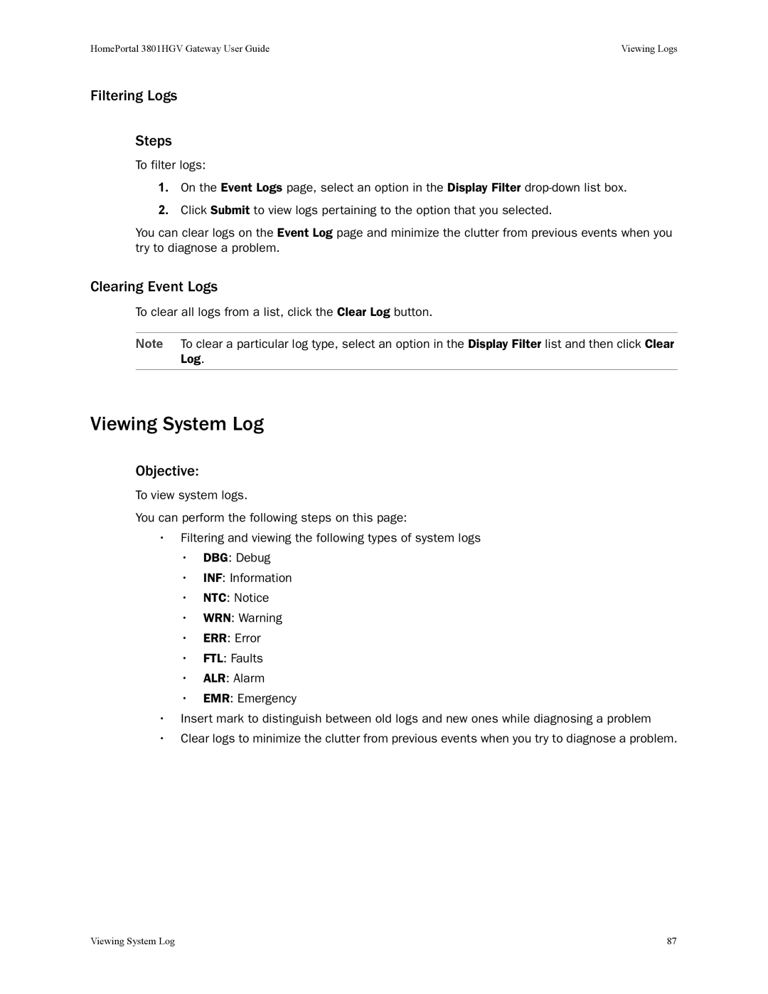 2Wire 3801HGV manual Viewing System Log, Filtering Logs Steps, Clearing Event Logs 