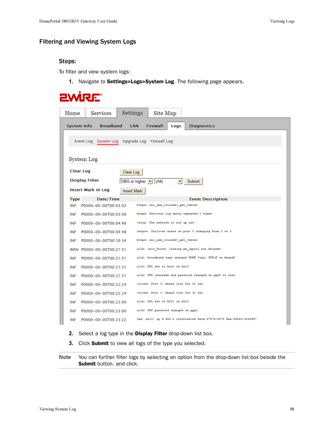 2Wire 3801HGV manual Filtering and Viewing System Logs Steps 