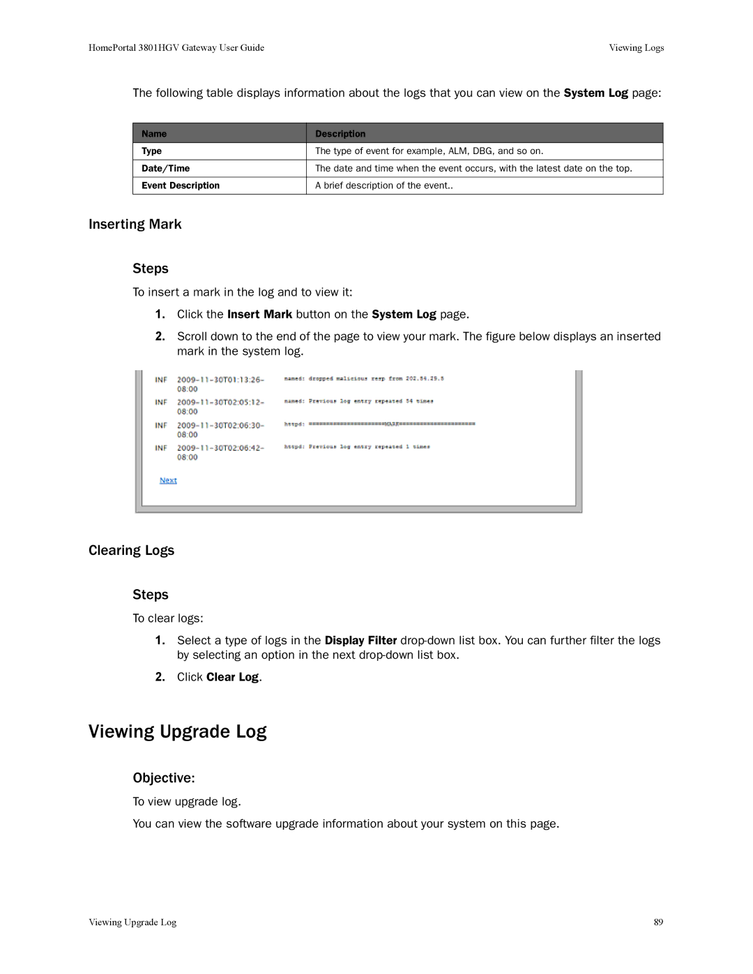 2Wire 3801HGV manual Viewing Upgrade Log, Inserting Mark Steps, Clearing Logs Steps 