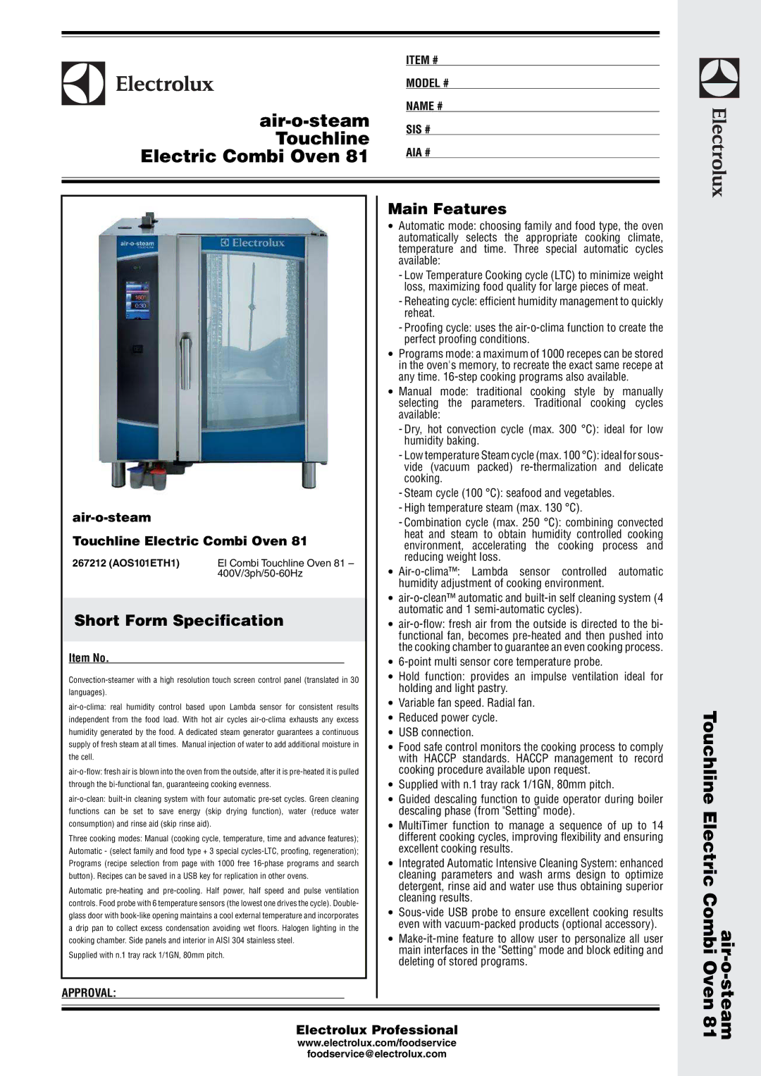 2Wire 81 manual Main Features, Short Form Specification, Air-o-steam, Touchline Electric Combi Oven 