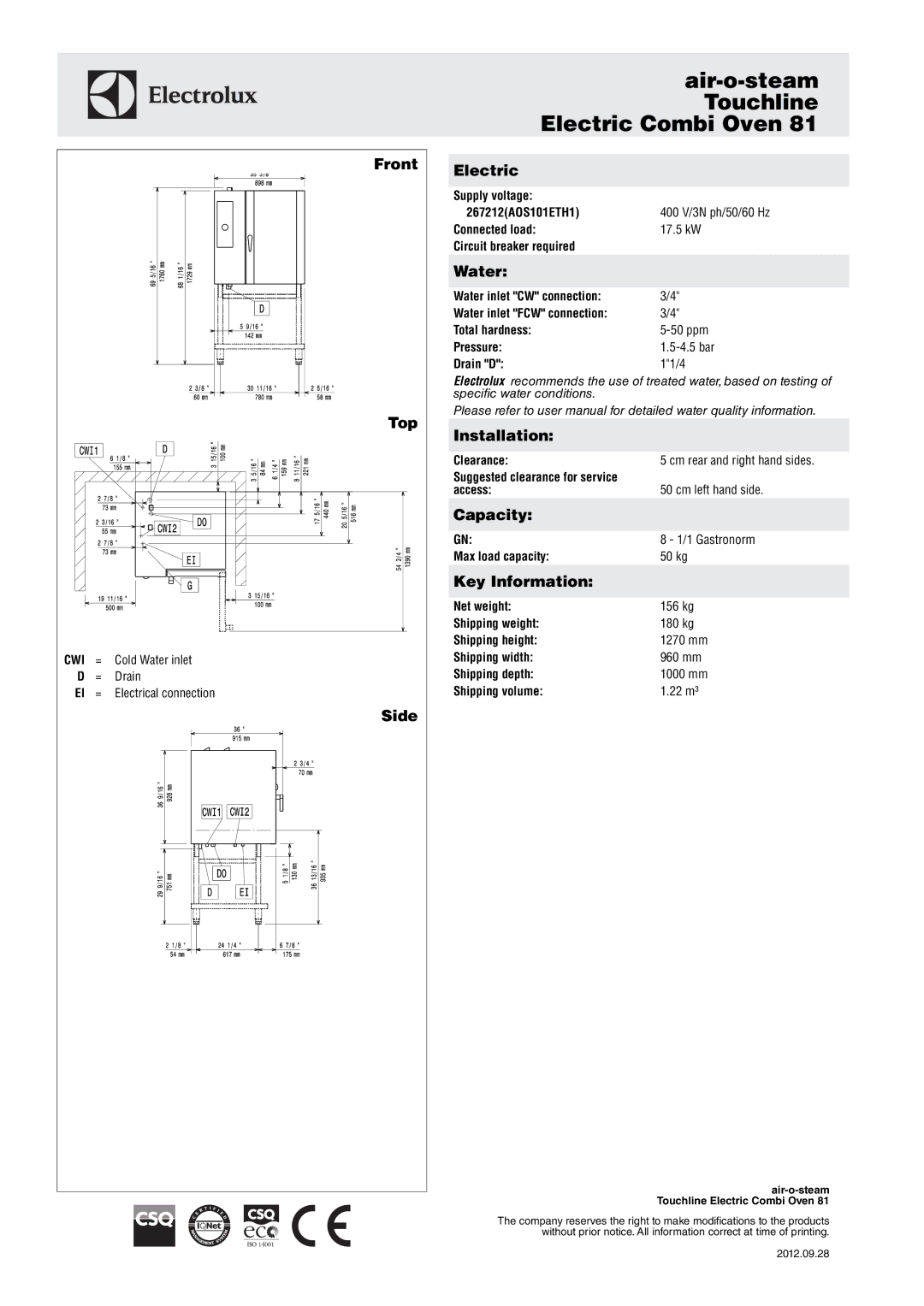 2Wire 81 manual Front, Top, Side, Electric, Water, Installation, Capacity, Key Information 