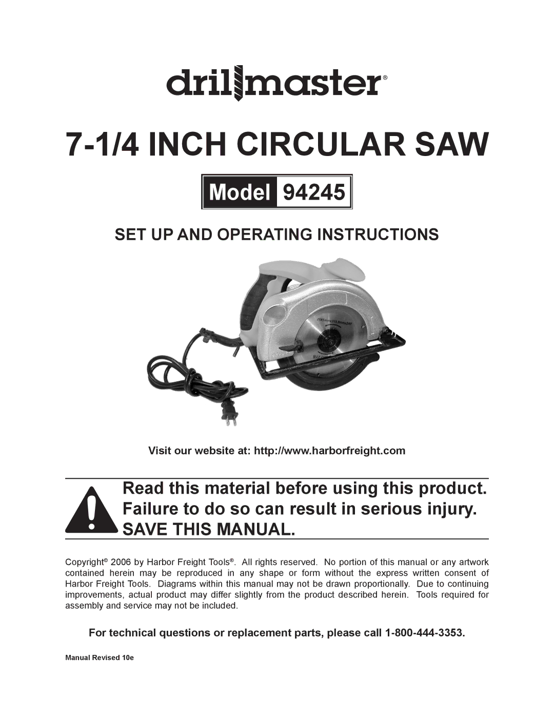 2Wire 94245 operating instructions Inch Circular SAW, For technical questions or replacement parts, please call 