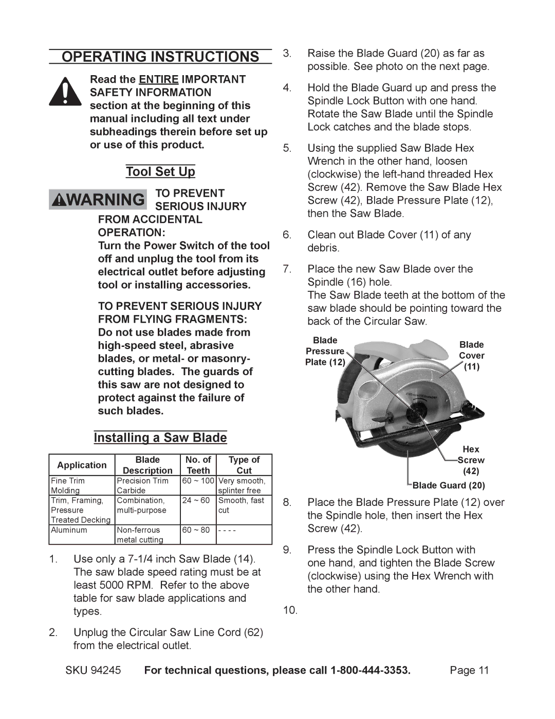 2Wire 94245 Operating Instructions, Tool Set Up, Installing a Saw Blade, SKU For technical questions, please call 