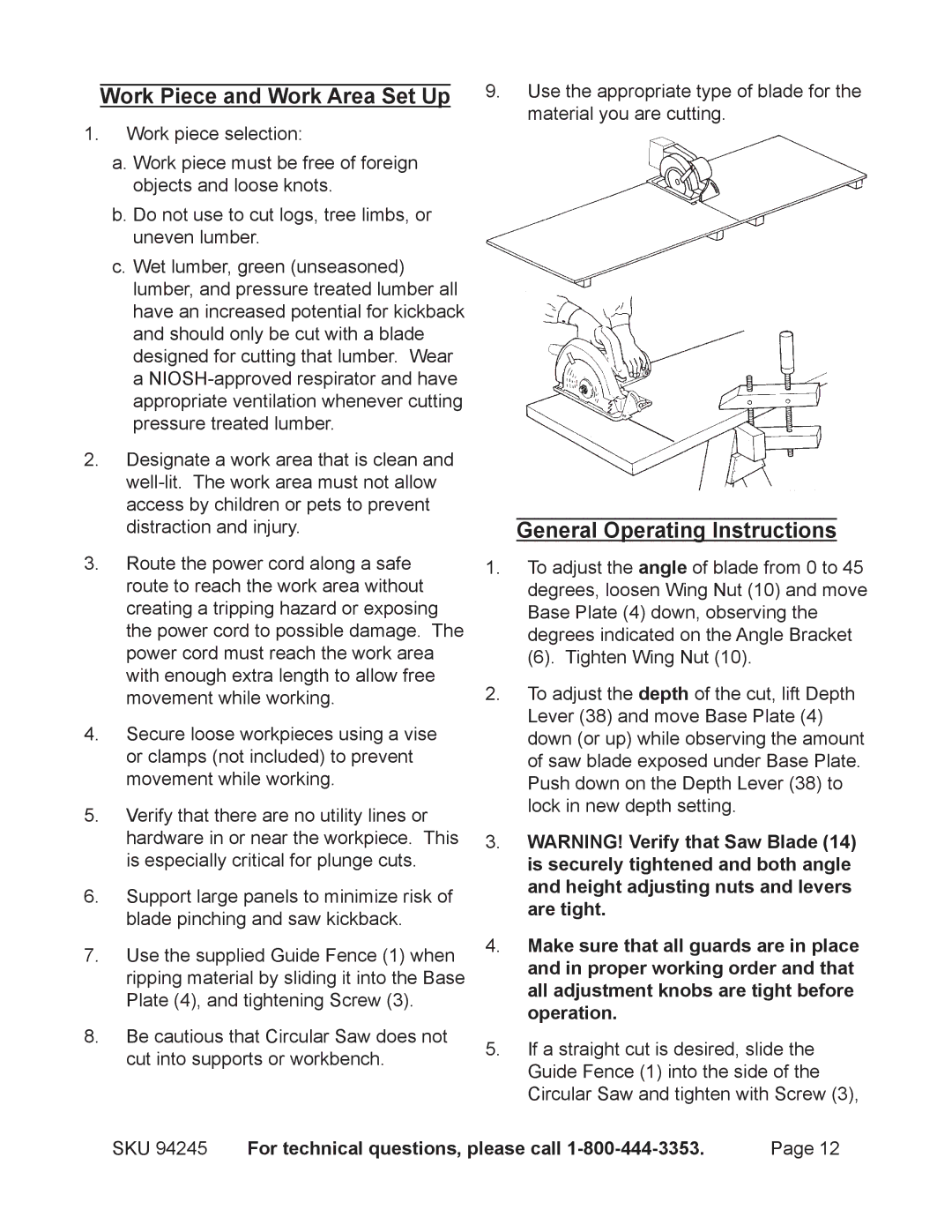 2Wire 94245 operating instructions Work Piece and Work Area Set Up, General Operating Instructions 