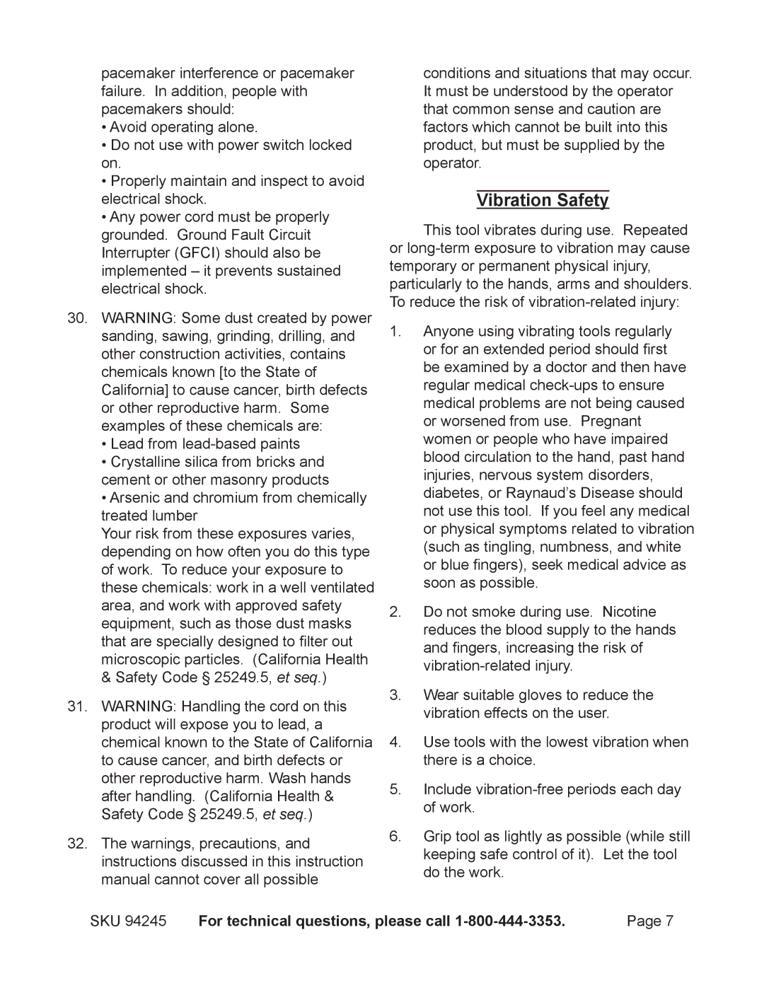 2Wire 94245 operating instructions Vibration Safety 