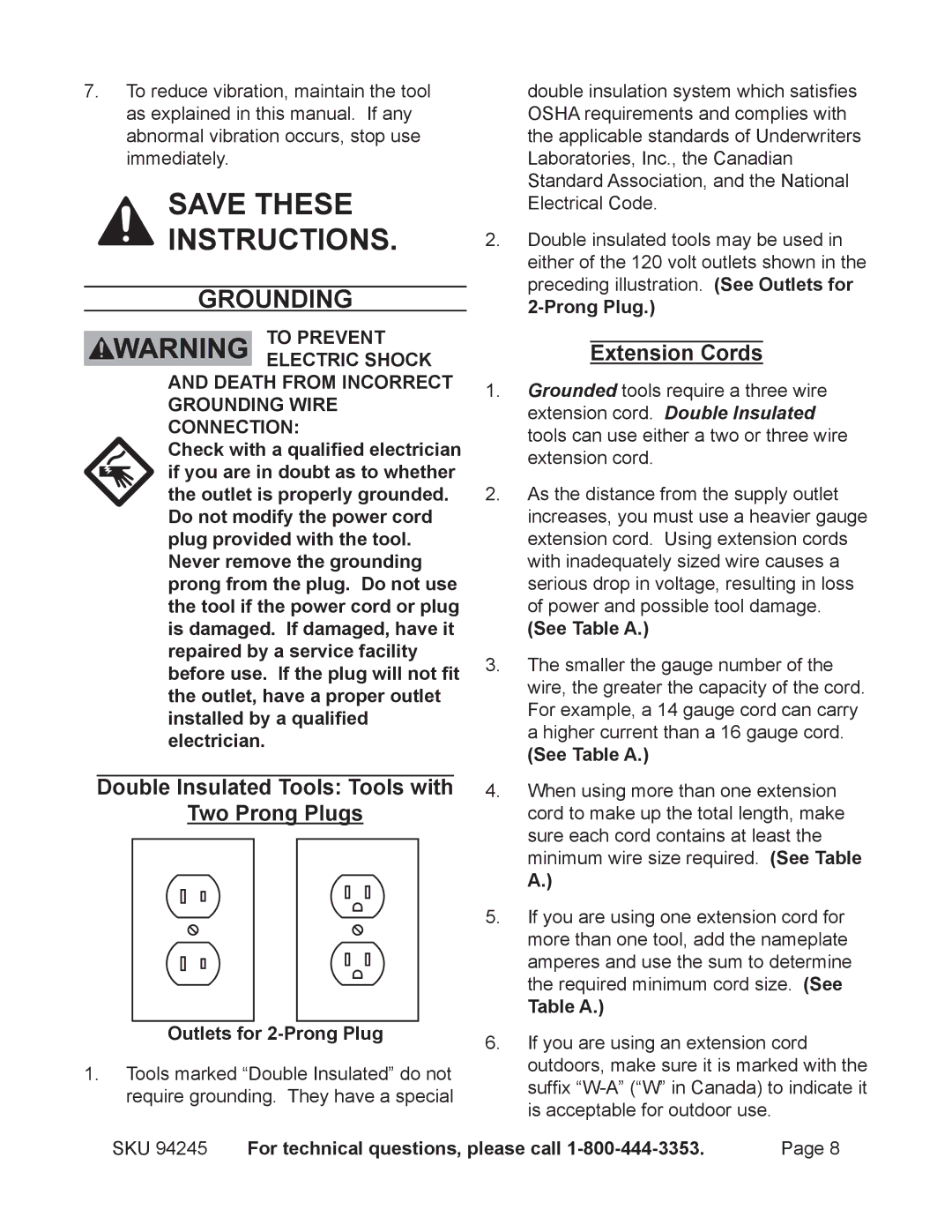 2Wire 94245 operating instructions Grounding, Double Insulated Tools Tools with Two Prong Plugs, Extension Cords 