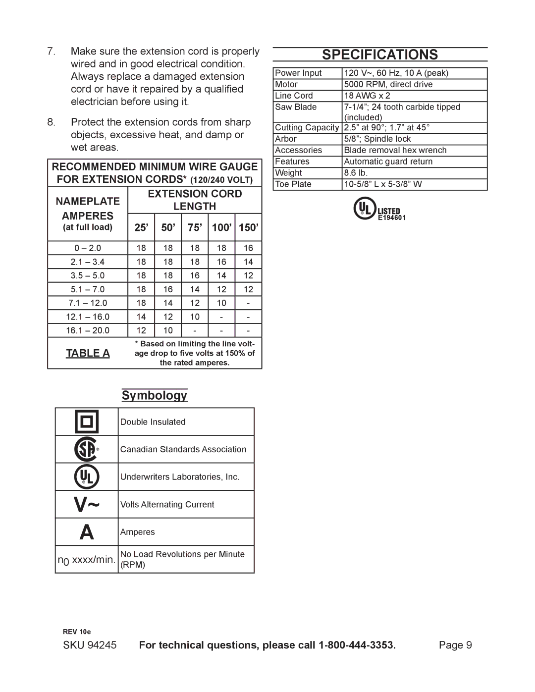 2Wire 94245 operating instructions Specifications, 25’ 50’ 75’ 100’ 150’ 