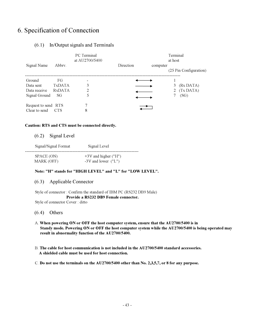 2Wire AU2700, AU5400 specifications In/Output signals and Terminals, Signal Level, Applicable Connector 