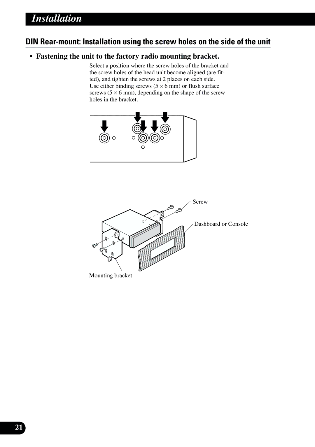 2Wire AVIC-9DVD installation manual Fastening the unit to the factory radio mounting bracket 