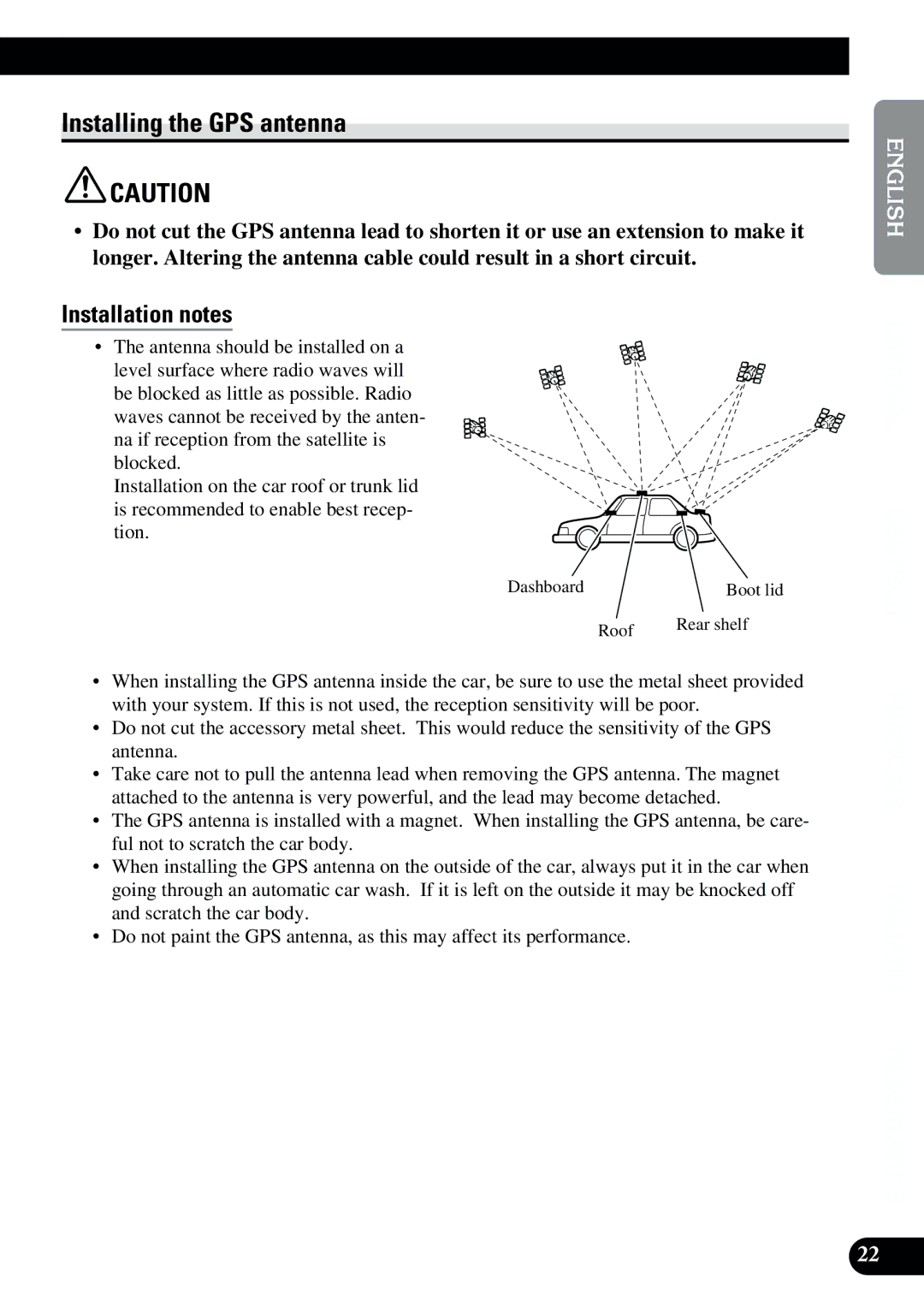 2Wire AVIC-9DVD installation manual Installing the GPS antenna, Dashboard, Roof Rear shelf 