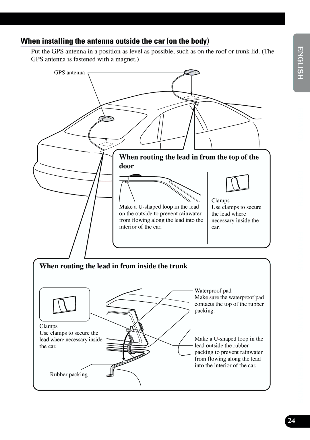 2Wire AVIC-9DVD When installing the antenna outside the car on the body, When routing the lead in from the top of the door 