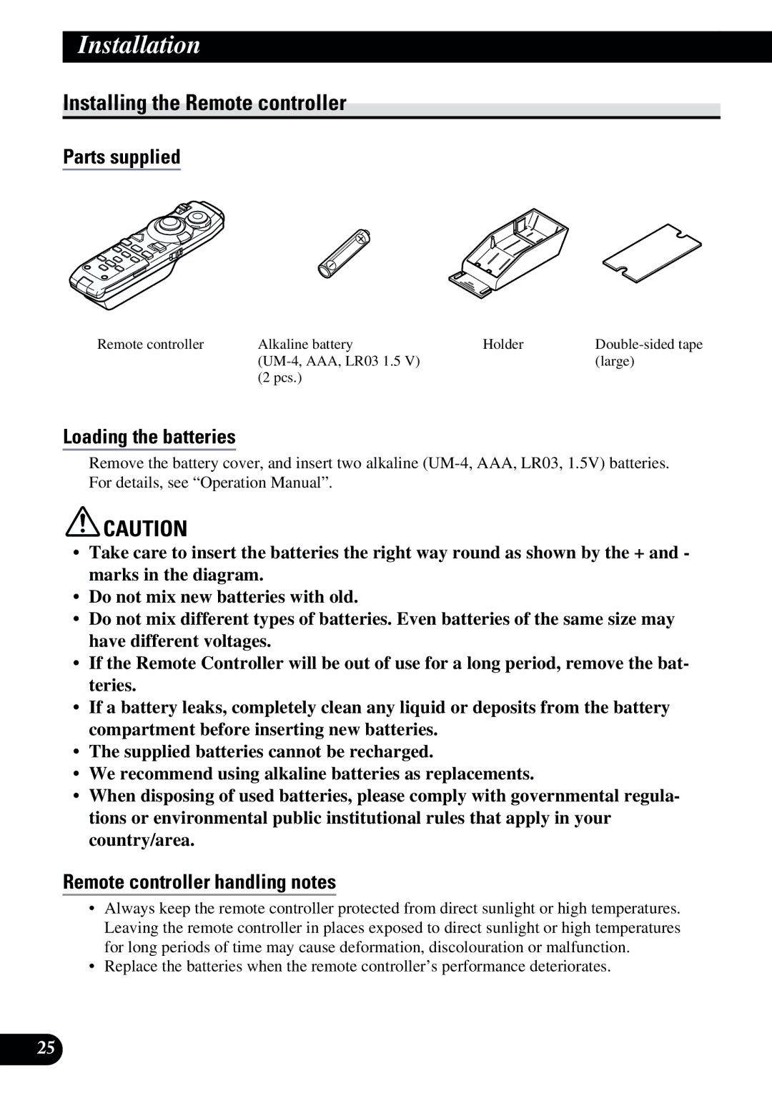 2Wire AVIC-9DVD Installing the Remote controller, Loading the batteries, Remote controller handling notes 