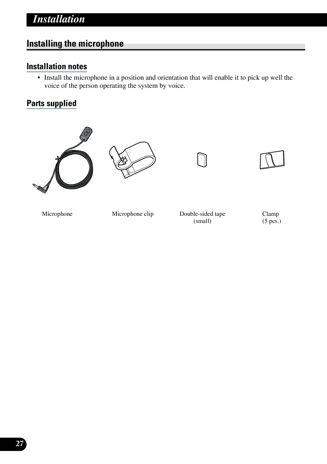 2Wire AVIC-9DVD installation manual Installing the microphone, Microphone Microphone clip, Clamp 